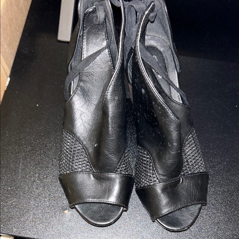 Black Leather Heels with Mesh Design